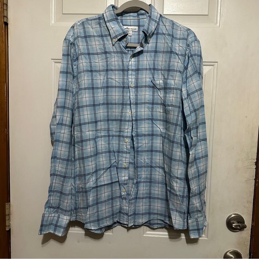 Peter Millar-Summer Comfort Mens Blue Plaid Classic Fit Button‎ Down Shirt Large